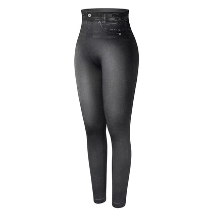 Push up Seamless High Waist Faux Denim Leggings Women Casual Elastic Pocket Jeans Print Pants Skinny Pencil Leggins Mujer