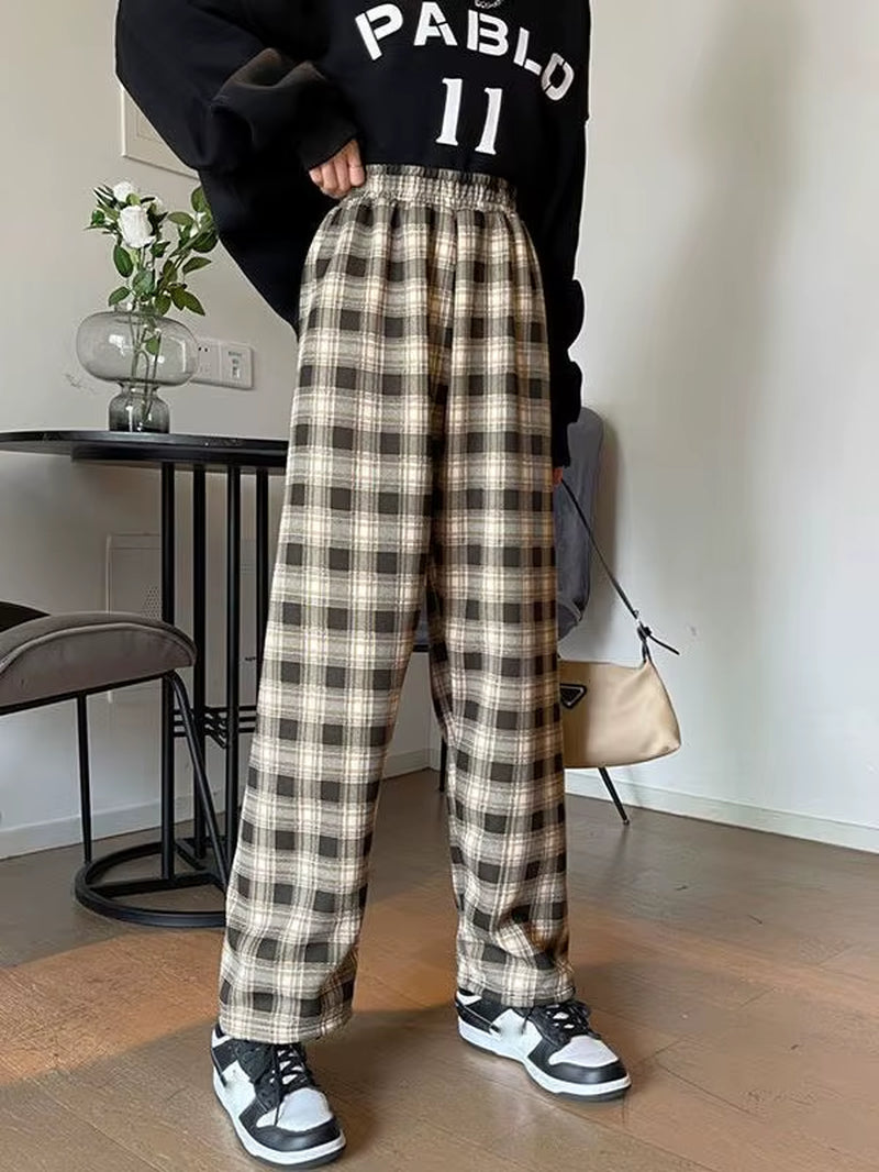Plaid Pants Women Casual Loose Wide Leg Trousers No Pocket Ins Retro Teens Straight Trousers Hip-Hop Unisex Streetwear