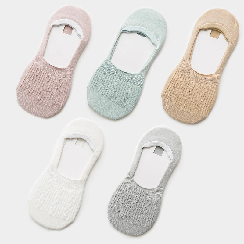 5 Pairs Women Cotton Low Cut Socks Solid Snowflake Softable Summer Silicone Non-Slip Deep Mouth Prevent Heel Loss Slipper Socks