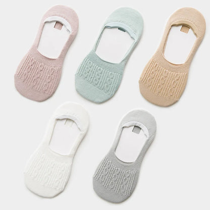 5 Pairs Women Cotton Low Cut Socks Solid Snowflake Softable Summer Silicone Non-Slip Deep Mouth Prevent Heel Loss Slipper Socks